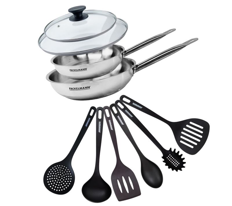 Set De 2 Poêles De 24 Et 28 Cm En Inox, 2 Couvercles En Verre Et 6 Ustensiles Eterna