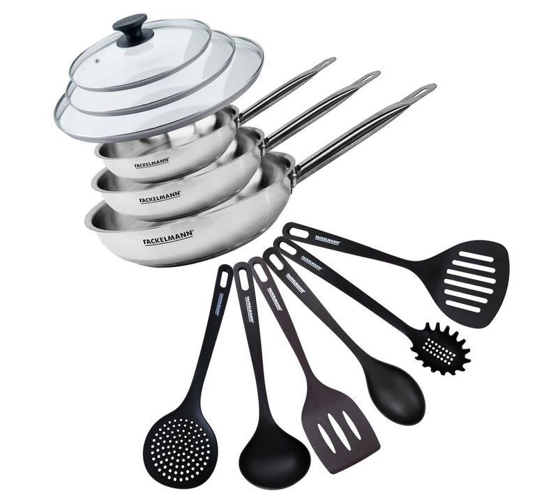 Set De 3 Poêles De 20 24 Et 28 Cm En Inox, 3 Couvercles En Verre Et 6 Ustensiles Eterna