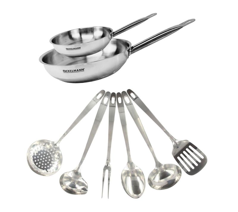 Set De 2 Poêles De 20 Et 28 Cm En Inox Et 6 Ustensiles Inox Eterna