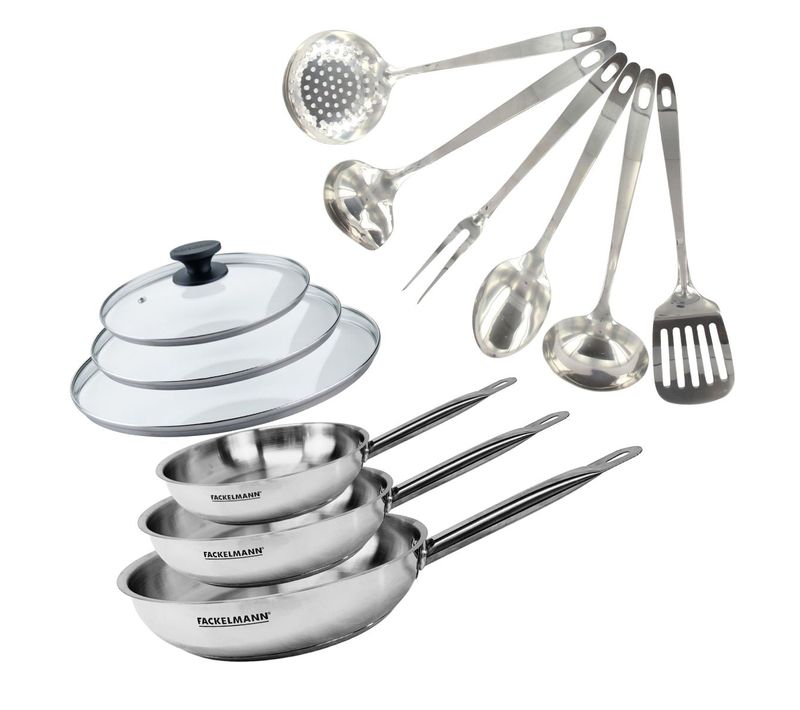 Set De 3 Poêles 20, 24 Et 28 Cm En Inox, 3 Couvercles Verre Et 6 Ustensiles Inox Eterna