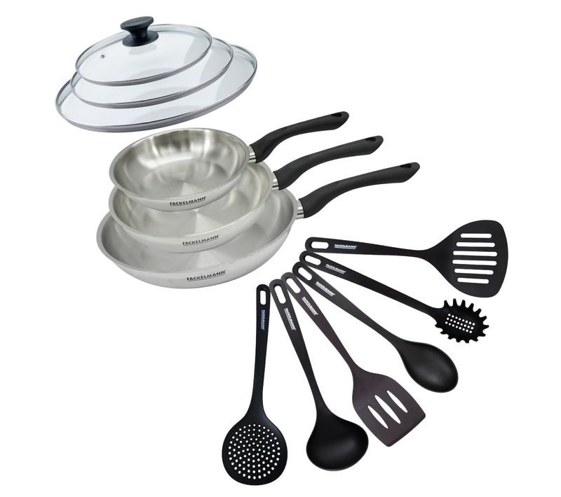 Set 3 Poêles 20 24 Et 28 Cm En Inox, Couvercles Verre Et 6 Ustensiles Geneva