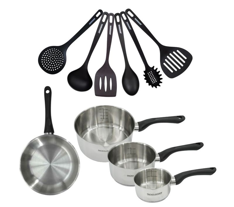 Set 1 Poêle 20 Cm 3 Casseroles 12 16 Et 20 Cm En Inox Et 6 Ustensiles Geneva