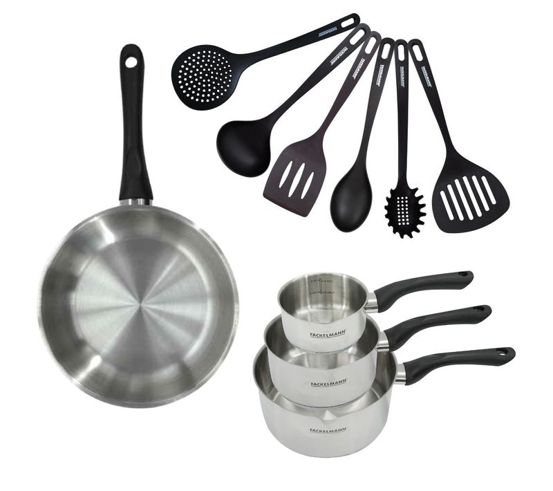 Set 1 Poêle 28 Cm 3 Casseroles 12 16 Et 20 Cm En Inox Et 6 Ustensiles Geneva