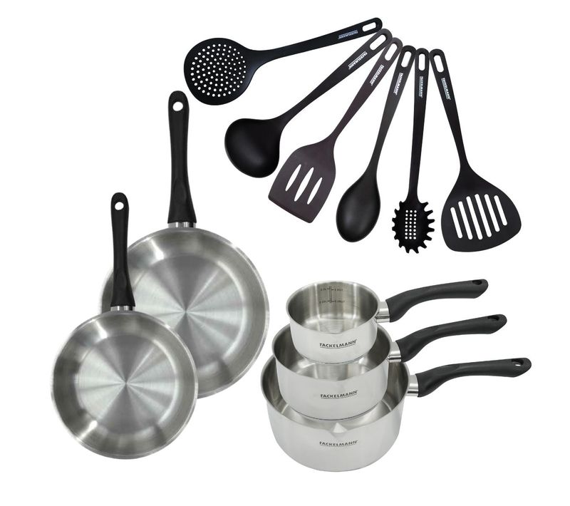 Set 2 Poêles 20 Et 24 Cm 3 Casseroles 12 16 Et 20 Cm En Inox Et 6 Ustensiles Geneva