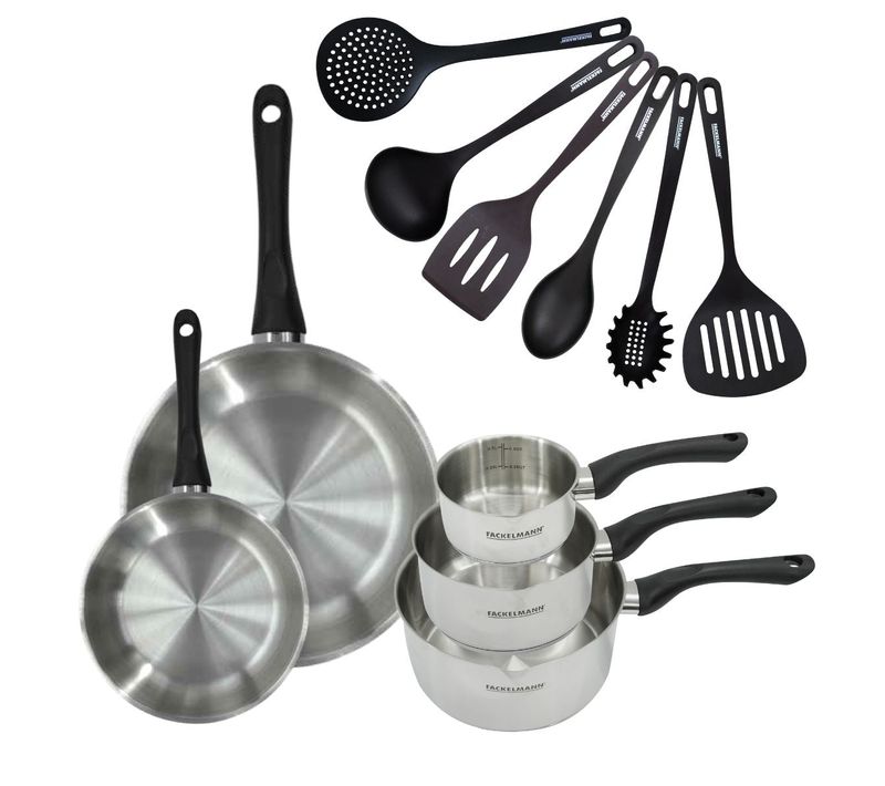 Set 2 Poêles 20 Et 28 Cm 3 Casseroles 12 16 Et 20 Cm En Inox Et 6 Ustensiles Geneva