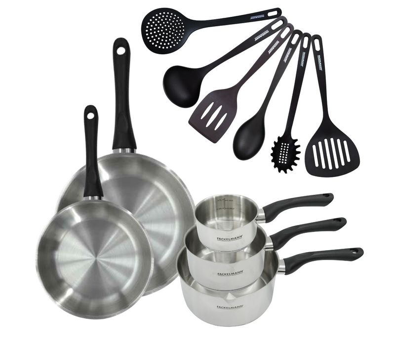 Set 2 Poêles 24 Et 28 Cm 3 Casseroles 12 16 Et 20 Cm En Inox Et 6 Ustensiles Geneva