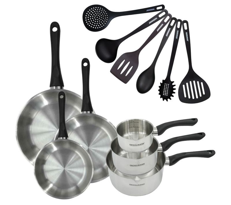 Set 3 Poêles 20 24 Et 28 Cm 3 Casseroles 12 16 Et 20 Cm Et 6 Ustensiles