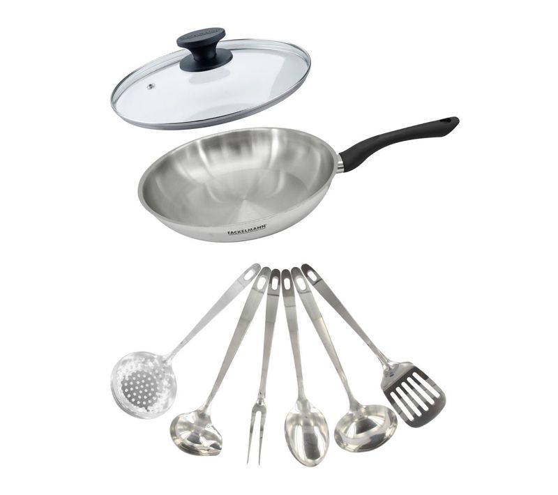 Set Poêle 28 Cm En Inox, Couvercle Verre Et 6 Ustensiles Inox Geneva
