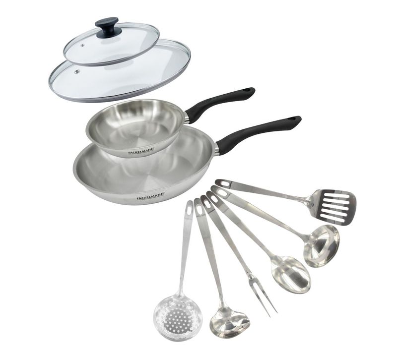 Set 2 Poêles 20 Et 28 Cm En Inox, Couvercle Verre Et 6 Ustensiles Inox Geneva