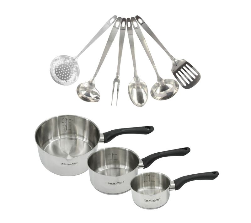 Set 3 Casseroles 12 16 Et 20 Cm En Inox Et 6 Ustensiles Inox Fackelmann Geneva