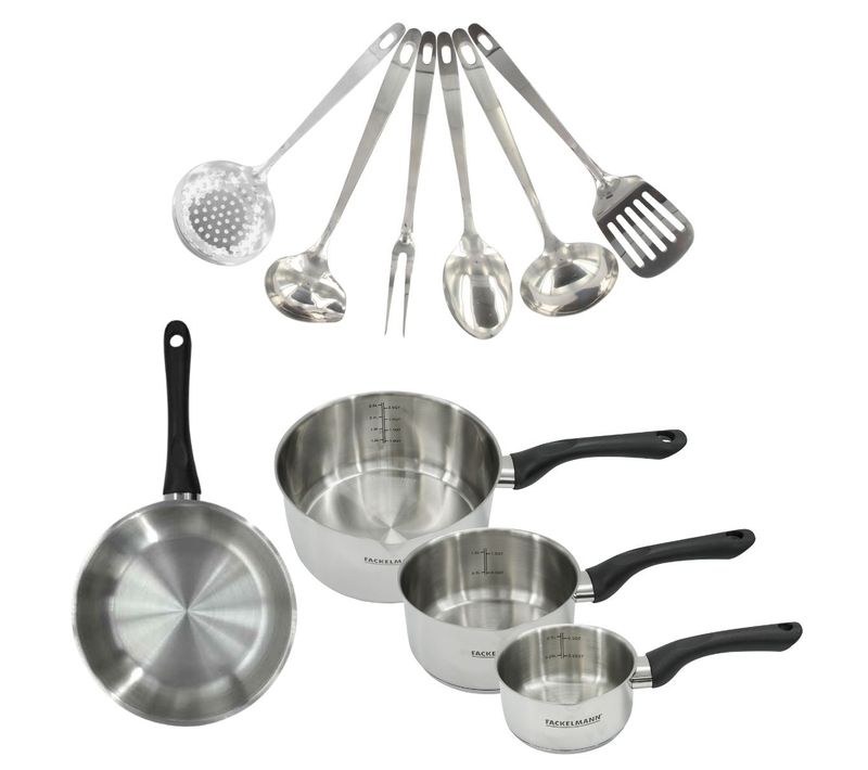Set 1 Poêle 20 Cm, 3 Casseroles En Inox Et 6 Ustensiles Inox Fackelmann Geneva