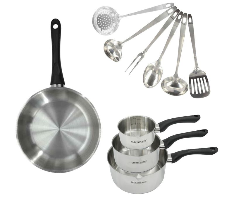 Set 1 Poêle 28 Cm, 3 Casseroles En Inox Et 6 Ustensiles Inox Fackelmann Geneva