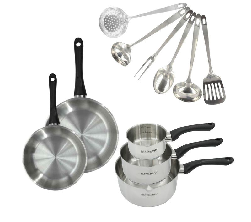Set 2 Poêles 20 Et 24 Cm, 3 Casseroles En Inox Et 6 Ustensiles Inox Geneva