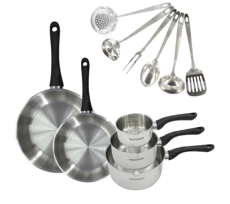 Set 2 Poêles 20 Et 28 Cm, 3 Casseroles En Inox Et 6 Ustensiles Inox Geneva