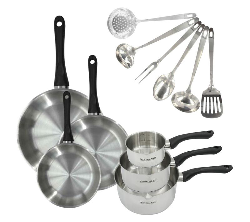 Set 3 Poêles 20 24 Et 28 Cm, 3 Casseroles En Inox Et 6 Ustensiles Inox Geneva