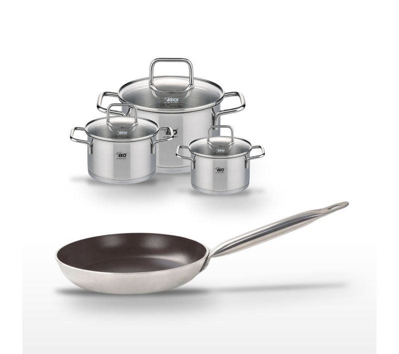 Batterie De Cuisine Avec 1 Poêle 24 Cm En Aluminium Et 3 Faitouts 12/14/20 Cm En Inox Sans Pfas Elo…