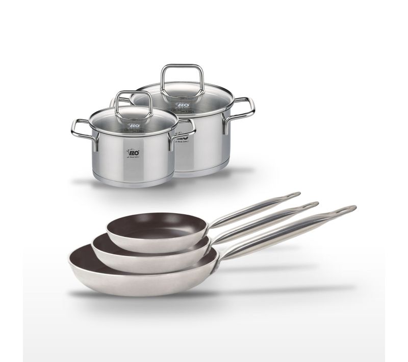 Lot De 3 Poêles 24/28/32 Cm Céramique Sans Pfas Elo Bistro Line Et 2 Faitouts En Inox Elo Citrin