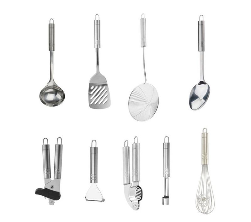 Ensemble 9 Pièces Ovale - Ustensiles De Cuisine Inox, Poignées Ovales, Lave-vaisselle