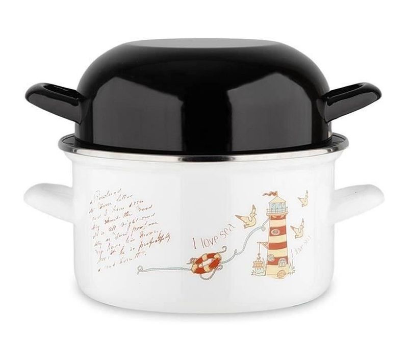 Marmite à Moules 20 Cm - 2,5 L, Acier Émaillé, Décor Phares, Couvercle Noir