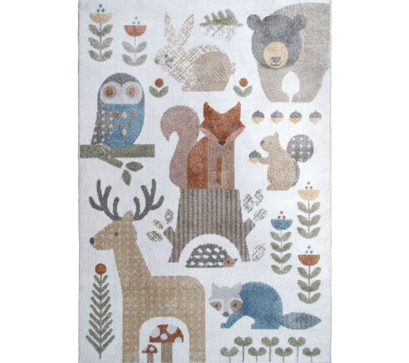 Tapis Enfant Lavable Motif Forêt Gris Jaune 100x150