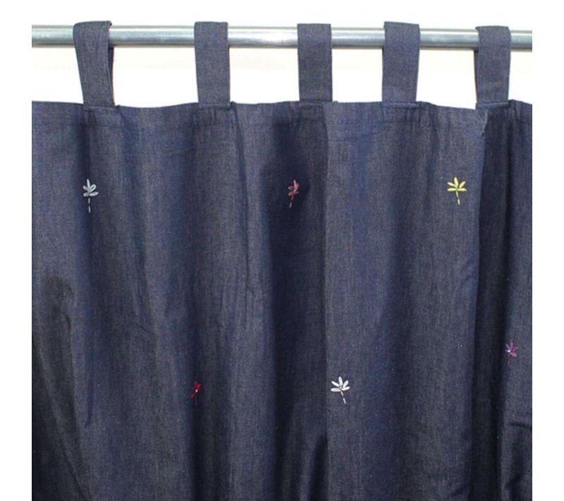 Rideau En Jean Bleu Et Fleurs Brodées 150x250 - Woodstcok
