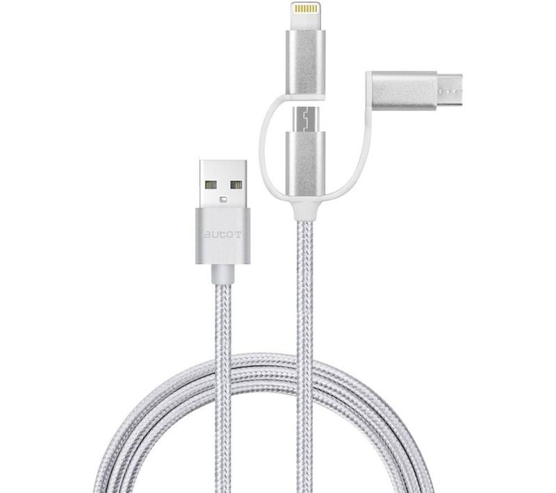 Câble 3-en-1 USB 100 Cm — Lightning • Micro-usb • USB-c, Textile Argenté