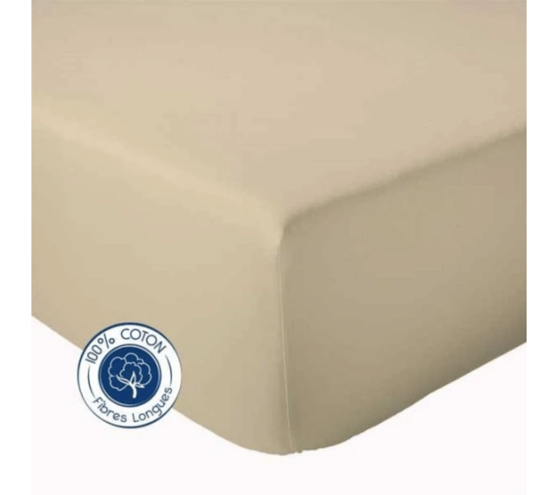 Drap Housse Uni Bonnet 30 Cm 100% Coton - 180x190 Cm - Beige Foncé