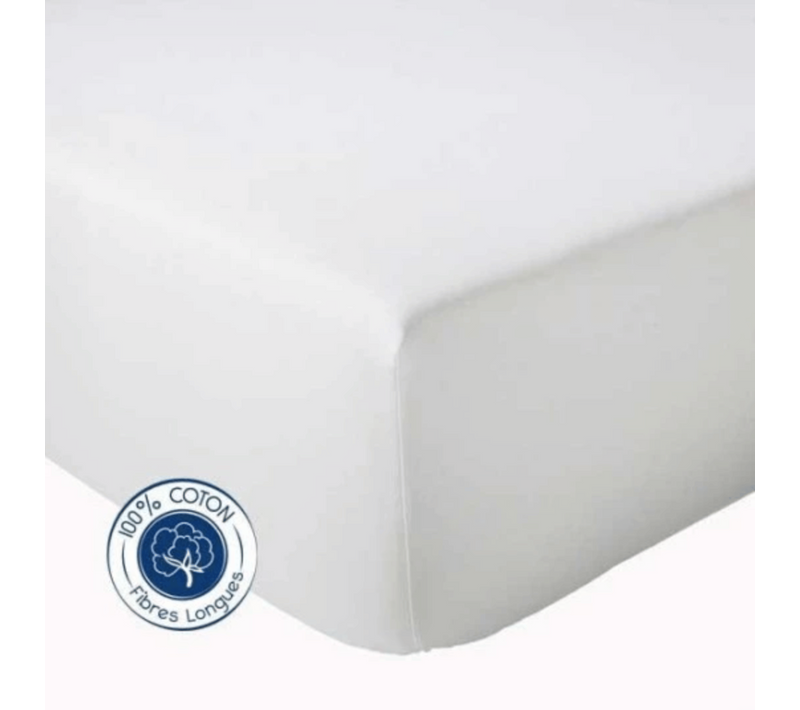 Drap Housse Uni Bonnet 30 Cm 100% Coton - 180x190 Cm - Blanc