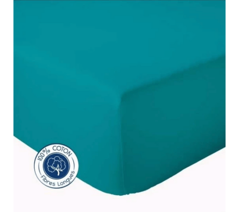 Drap Housse Coton Bonnet 23 Cm Fabriqué En France - 180x190 Cm - Bleu Paon