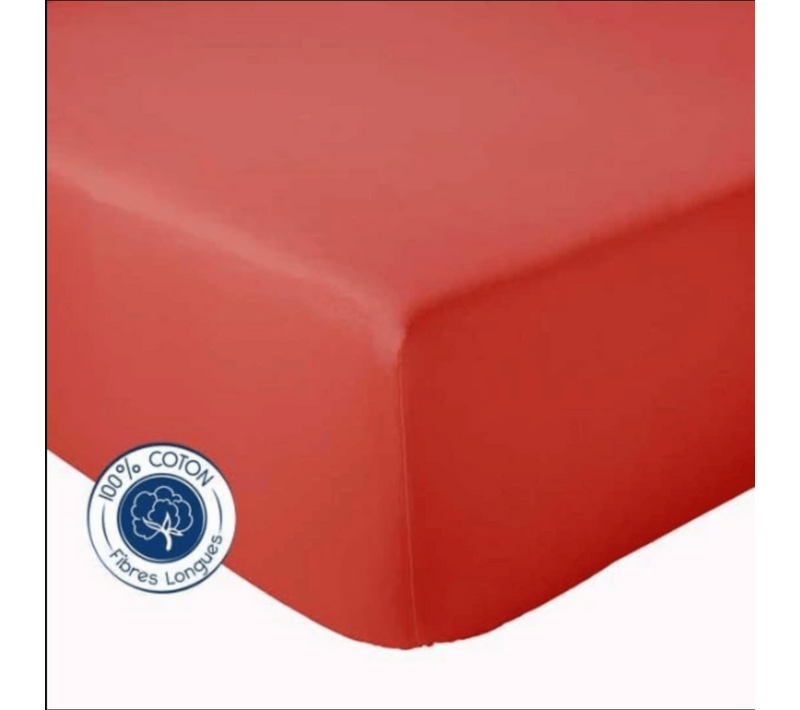 Drap Housse Uni Bonnet 30 Cm 100% Coton - 90x190 Cm - Rouge Orangé