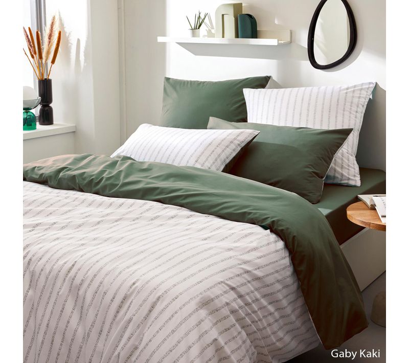 Housse De Couette En Percale De Coton à Rayures - 140x200 Cm - Vert Olive