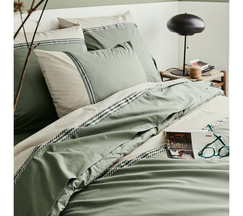 Drap Plat En Percale De Coton À Galon Géométrique - 240x310 Cm - Vert Olive