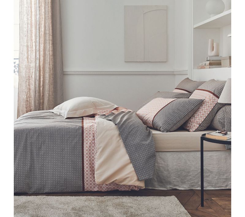 Drap Plat En Percale Au Style Graphique - 180x290 Cm - Gris Clair