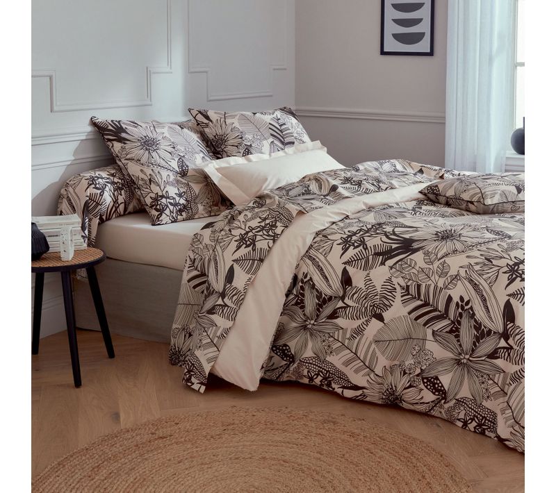 Housse De Couette En Percale Aux Impressions Noires - 260x240 Cm - Beige