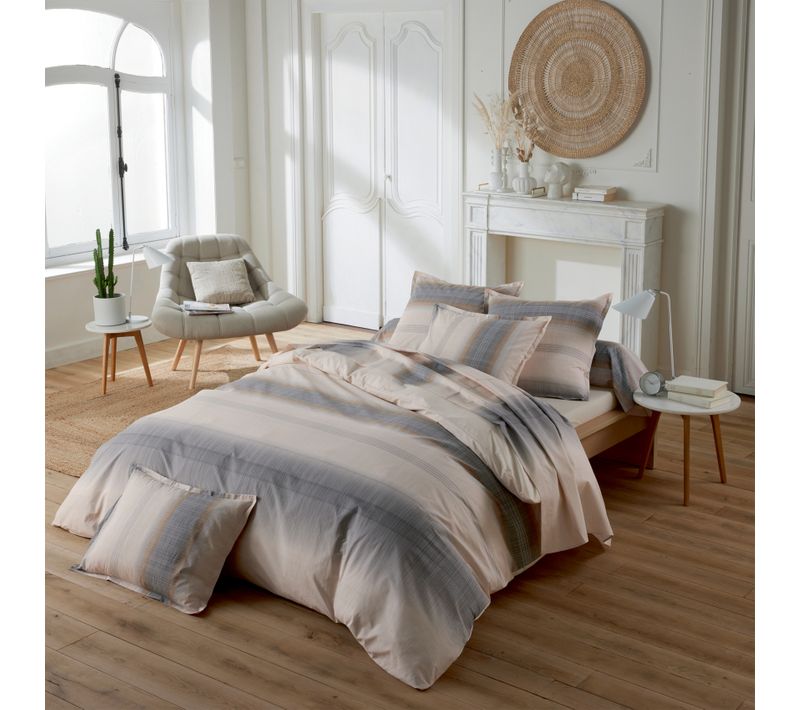 Housse De Couette En Percale De Coton Dégradé Rayé - 140x200 Cm - Beige