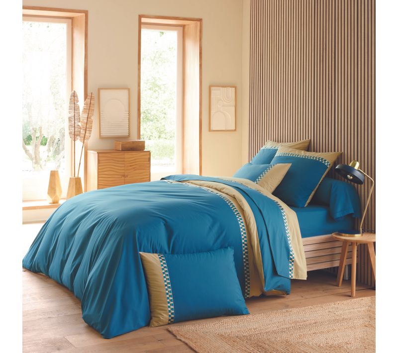 Parure De Lit 3 Pièces Percale De Coton Géométrique Housse + Taies - 200x200 Cm - Bleu
