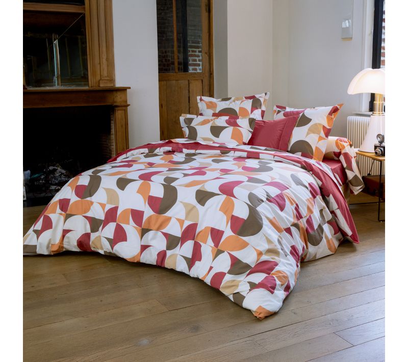 Parure De Lit 3 Pièces Percale De Coton Géométrique Housse + Taies - 200x200 Cm - Bordeaux