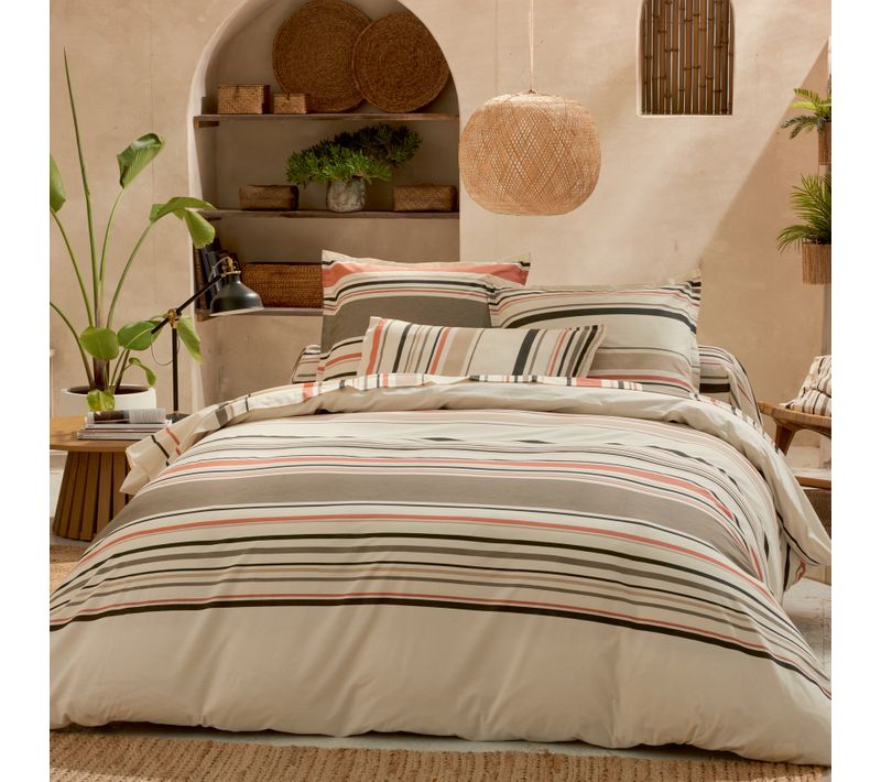 Housse De Couette Coton Rayures Bayadère - 140x200 Cm - Orange Corail