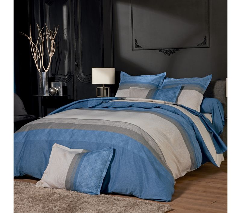 Housse De Couette Satin De Coton Géométrique - 240x220 Cm - Bleu