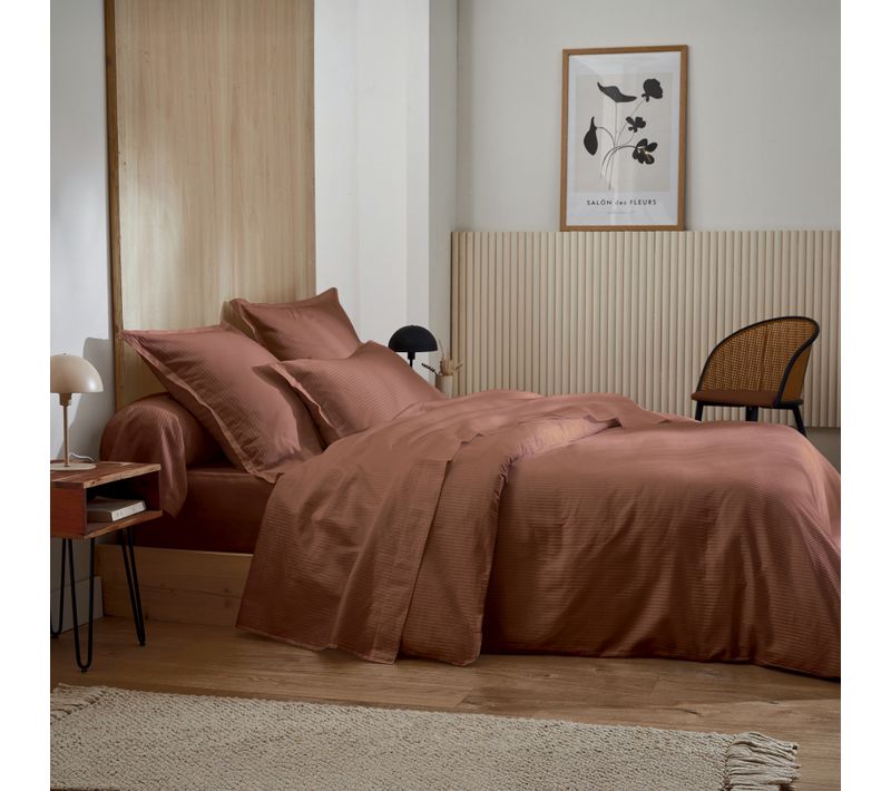 Housse De Couette Satin De Coton Rayures Ton Sur Ton - 240x220 Cm - Marron Foncé