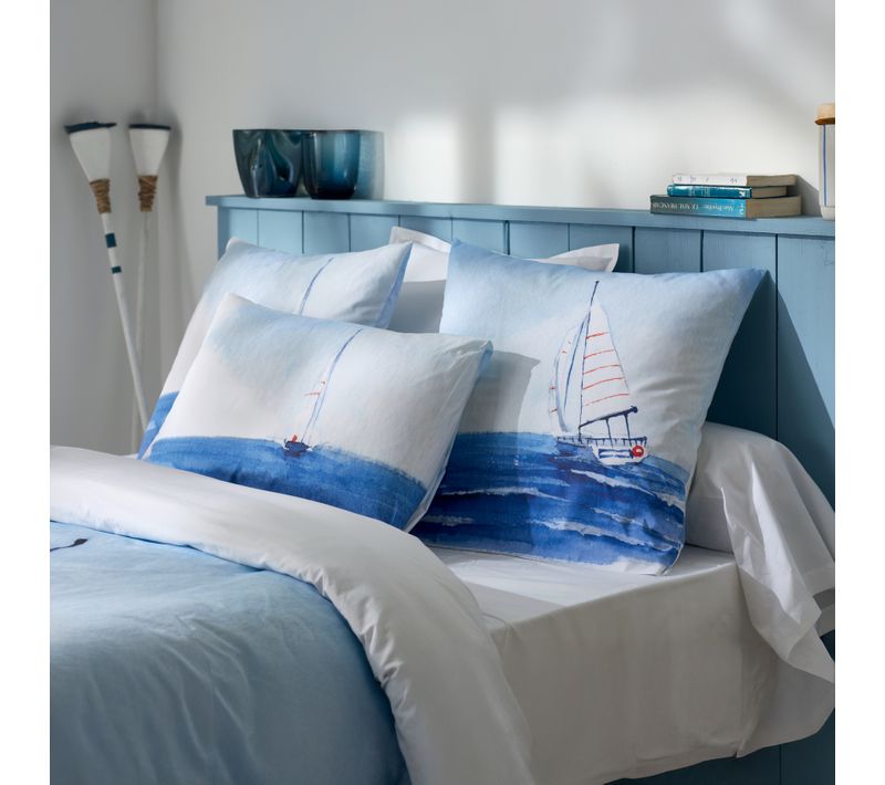 Housse De Couette Percale De Coton Voilier Marin - 260x240 Cm - Bleu