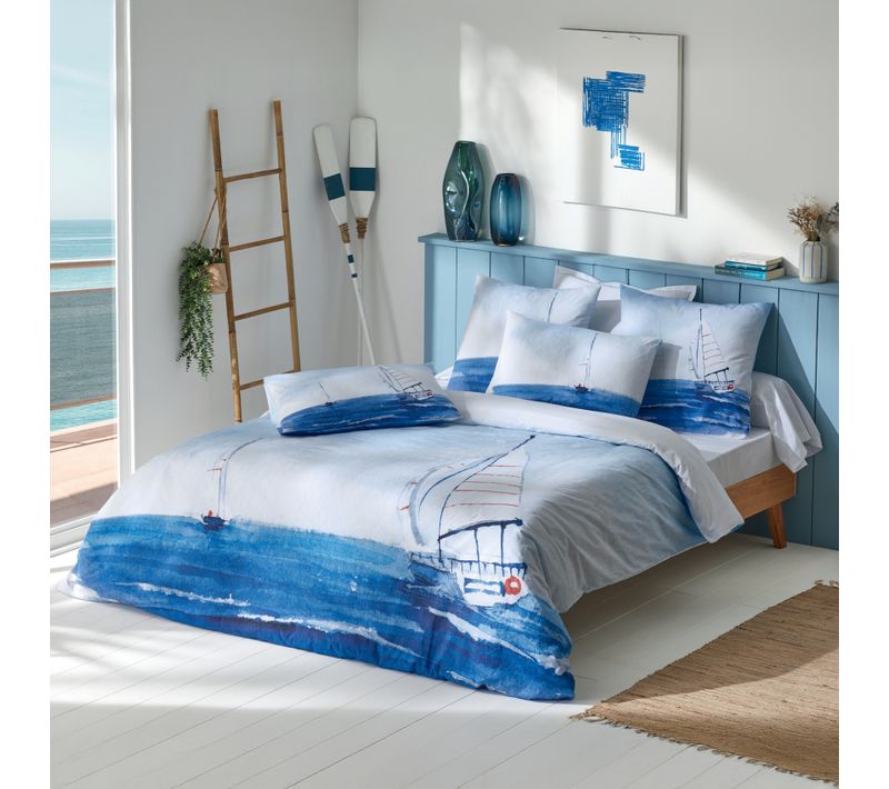Parure De Lit 3 Pièces Percale De Coton Voilier Marin Housse + Taies - 200x200 Cm - Bleu