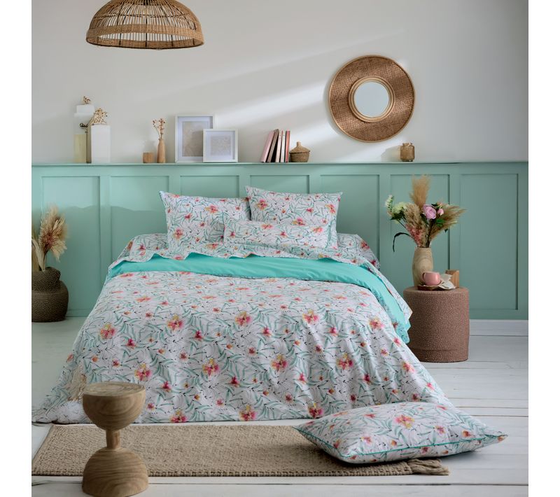 Housse De Couette Coton Floral Exotique Réversible Uni - 260x240 Cm - Bleu
