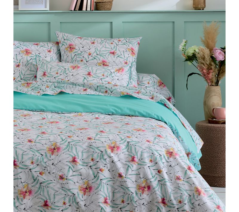 Taie De Traversin Coton Floral Exotique - 86x240 Cm - Bleu