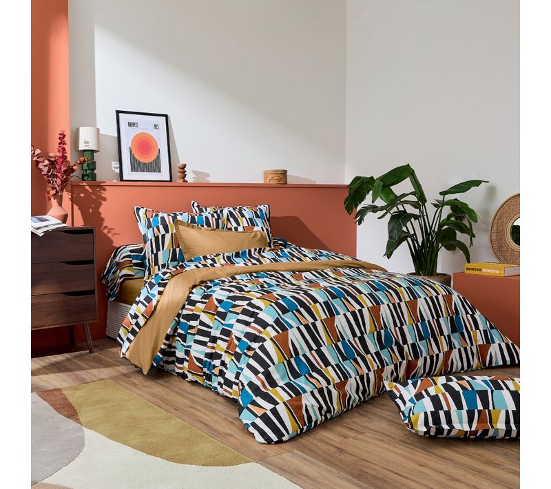 Housse De Couette Coton Géométrique Réversible Uni - 240x220 Cm - Noir