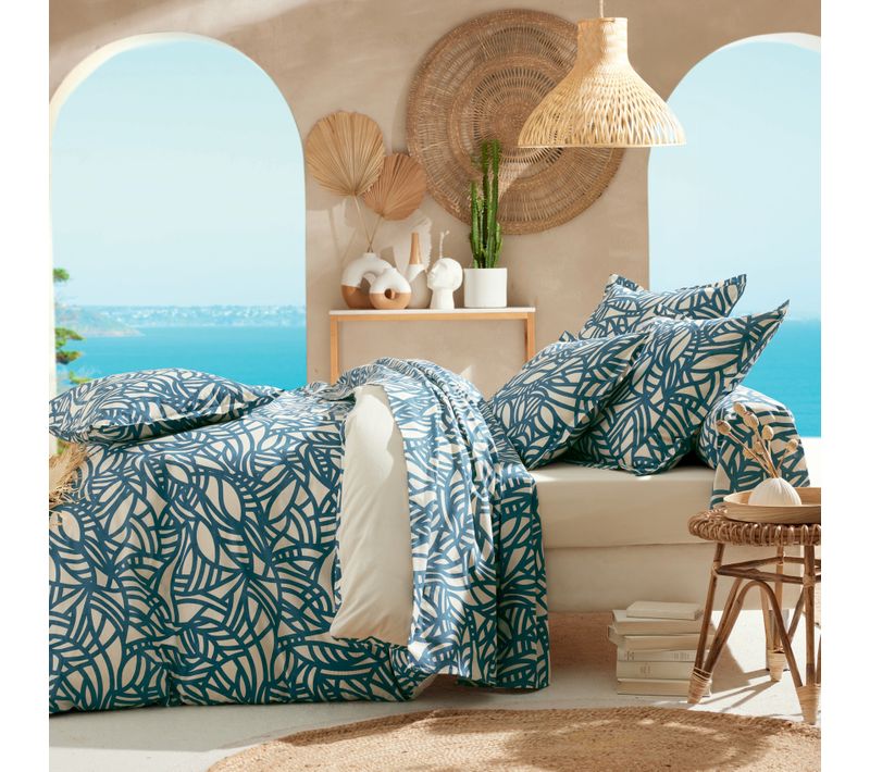 Drap Coton Végétal Géométrique - 180x290 Cm - Bleu