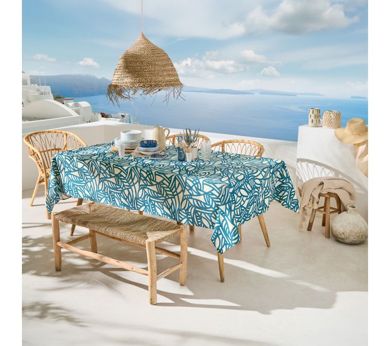Nappe Rectangulaire Coton Enduit Feuillage Abstrait - 160x350 Cm - Bleu