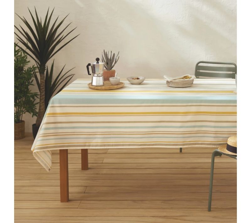 Nappe Rectangulaire Coton Enduit Rayures Basque - 160x200 Cm - Bleu