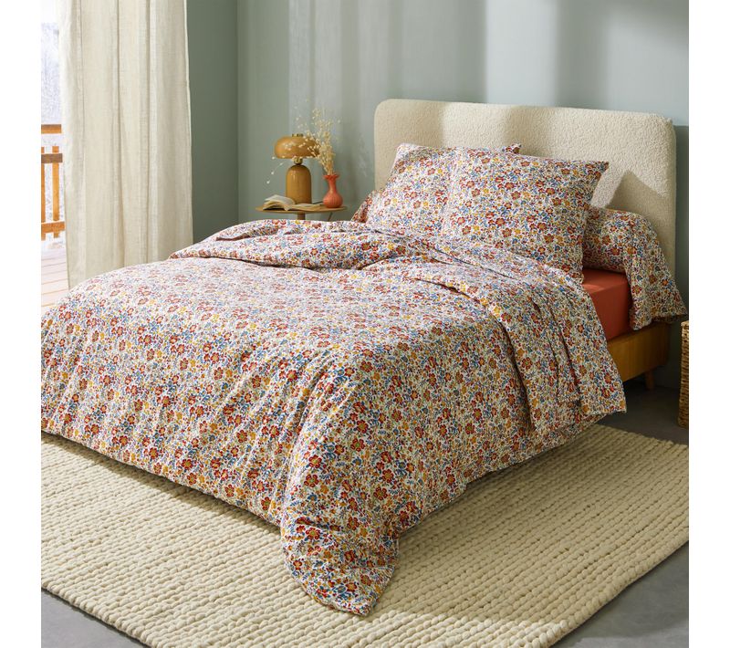 Parure De Lit 3 Pièces Flanelle De Coton Floral Housse + Taies - 200x200 Cm - Rouge