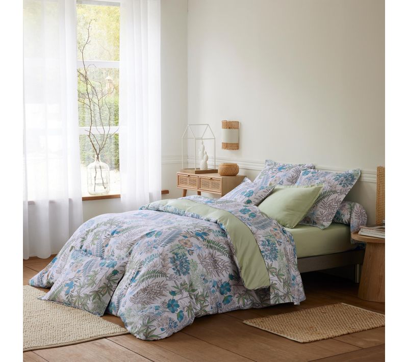 Parure De Lit 3 Pièces Satin De Coton Végétal Housse + Taies - 200x200 Cm - Bleu